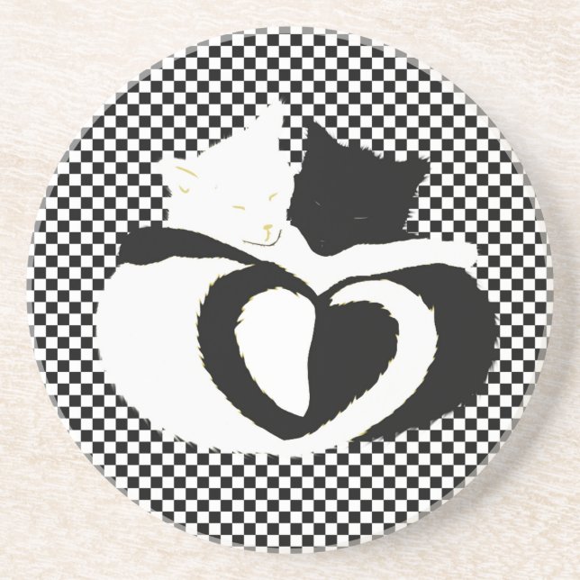 Dessous De Verre En Grès Queues CAT - amour noir blanc (Devant)