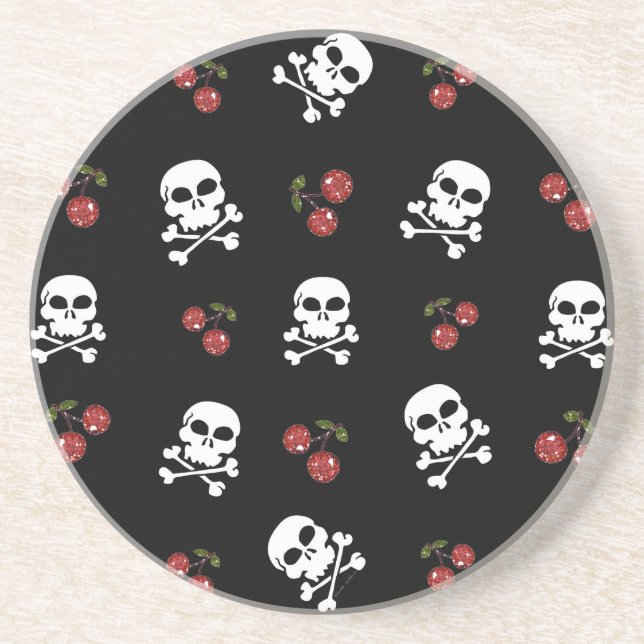 Dessous De Verre En Grès RAB Rockabilly Skuls et Cerises sur Noir (Devant)