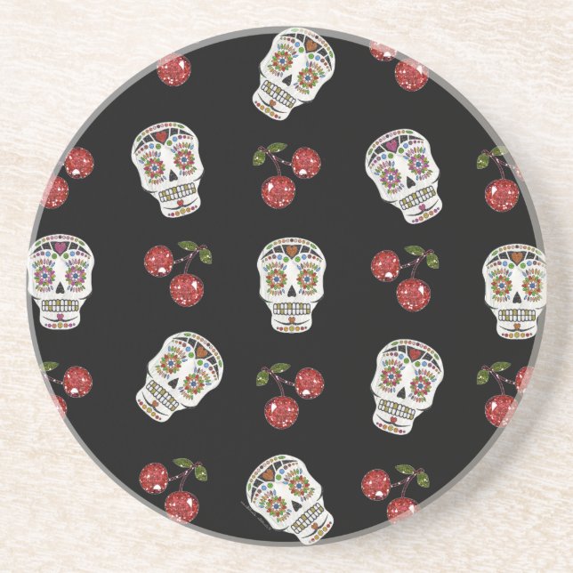 Dessous De Verre En Grès RAB Rockabilly Sugar Skulls Cherries On Black (Devant)