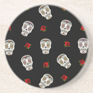 Dessous De Verre En Grès RAB Rockabilly Sugar Skulls Roses On Black
