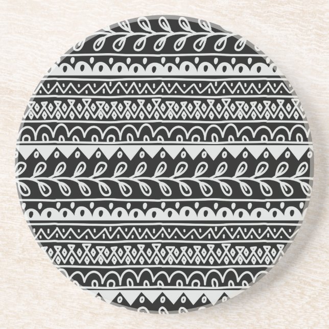 Dessous De Verre En Grès Rangées de motifs gribouillés noir et blanc (Devant)