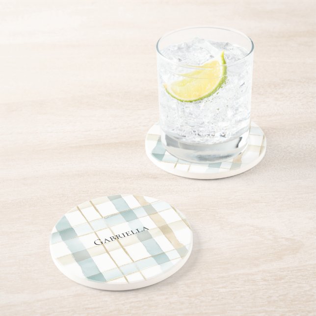 Dessous De Verre En Grès Rayures à carreaux bleu crème blanc  (Côté)