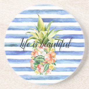 Dessous De Verre En Grès Rayures Blanches Bleues Fleur Tropicale Ananas