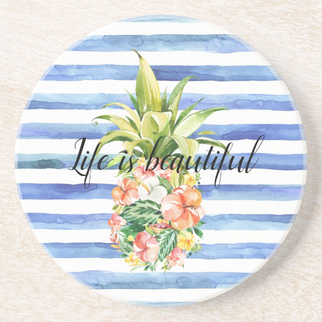 Dessous De Verre En Grès Rayures Blanches Bleues Fleur Tropicale Ananas (Devant)