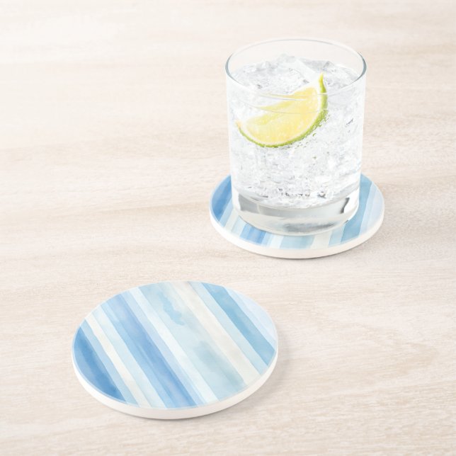 Dessous De Verre En Grès Rayures Bleues et Blanches de Santorin   (Côté)