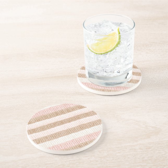 Dessous De Verre En Grès Rayures Crème Beige Rose (Côté)