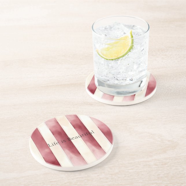 Dessous De Verre En Grès Rayures crème rouge (Côté)