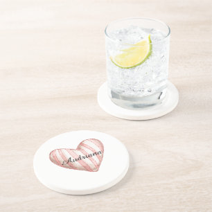 Dessous De Verre En Grès Rayures de crème rose Cœur