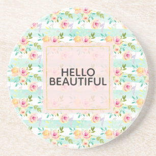 Dessous De Verre En Grès Rayures de menthe Floral Chic