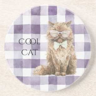Dessous De Verre En Grès Rayures Ecossais Violettes Lunettes Cool Cat Marro