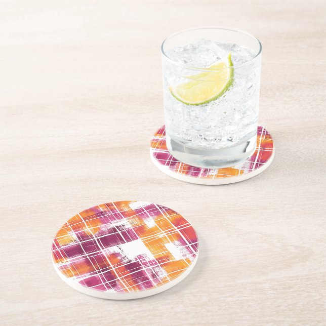 Dessous De Verre En Grès Rayures écossaises violettes orange groovy (Côté)