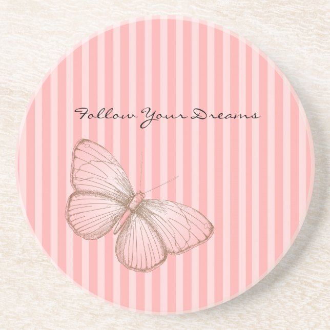 Dessous De Verre En Grès Rayures roses avec papillon (Devant)
