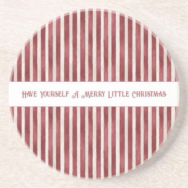 Dessous De Verre En Grès Rayures Rouges Blanches Joyeux Petit Noël (Devant)