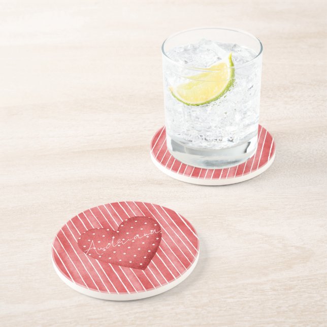 Dessous De Verre En Grès Rayures Rouges et Blanches Cœurs à Points (Côté)