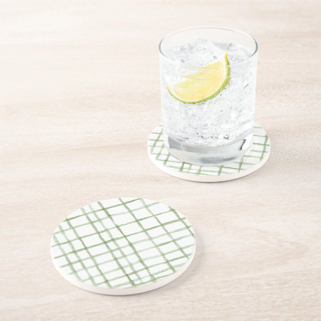 Dessous De Verre En Grès Rayures Vertes Blanches (Côté)