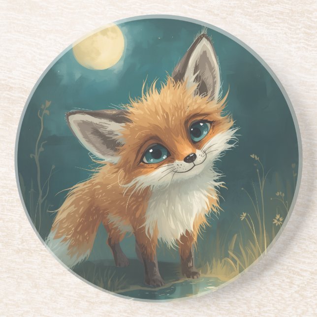 Dessous De Verre En Grès Renard au Clair de Lune, Forêt Nocturne (Devant)
