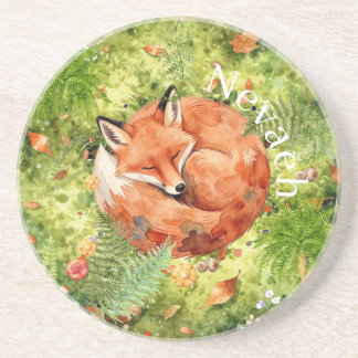Dessous De Verre En Grès Renard endormi fantaisiste | Illustration de forêt