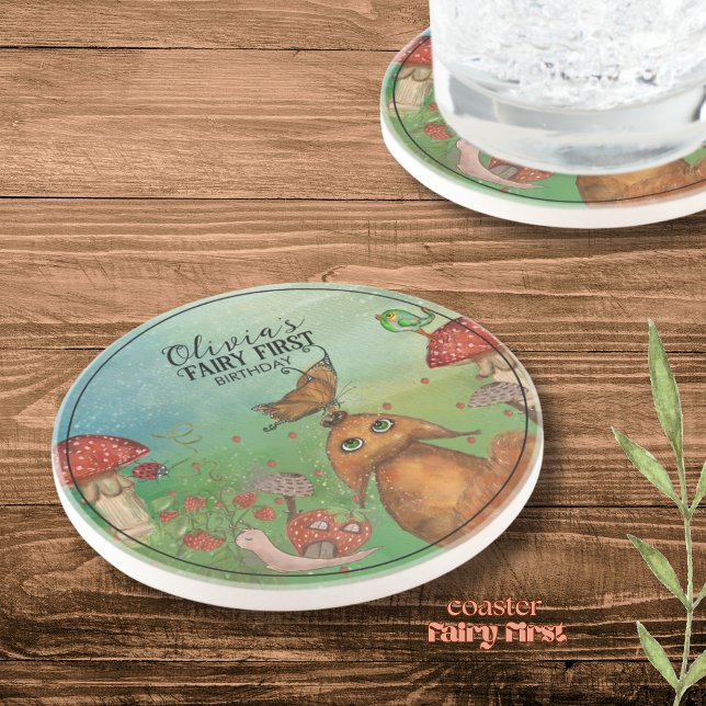 Dessous De Verre En Grès Renard forestier, Fée d'escargots premier annivers (Forest Fox , Snail Fairy First Birthday Coaster)
