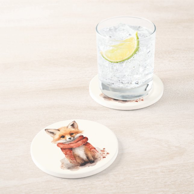 Dessous De Verre En Grès Renard mignon en écharpe rouge (Côté)