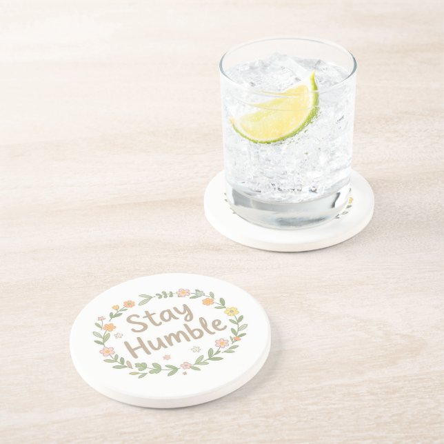 Dessous De Verre En Grès Restez humbles tons terreux texte sur fond blanc (Côté)