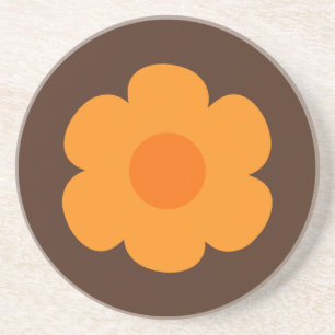Dessous De Verre En Grès Rétro Fleur Orange et Marron des Années 70
