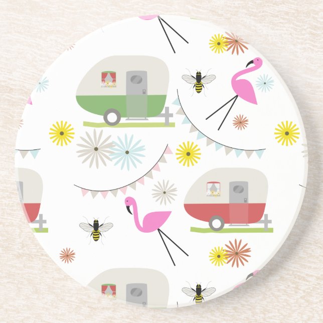 Dessous De Verre En Grès Rétro motif de remorque et de Flamants roses (Devant)