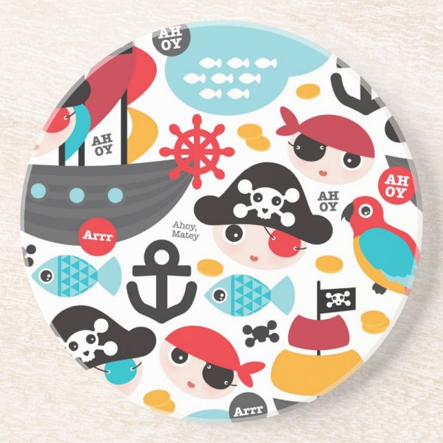 Dessous De Verre En Grès Rétro navigation d'illustration de pirates (Devant)
