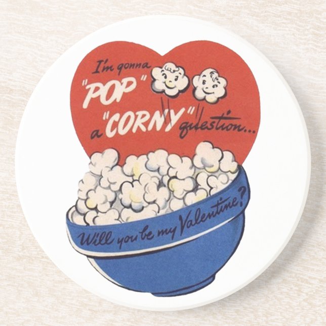 Dessous De Verre En Grès Retro Valentines Day, Popcorn Pop a Corny Question (Devant)