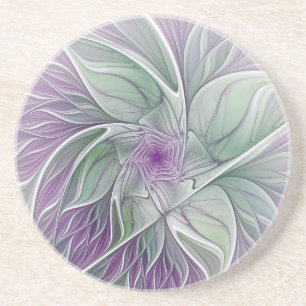 Dessous De Verre En Grès Rêve de fleurs, Abstrait violet vert Fractal Art