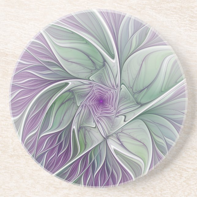 Dessous De Verre En Grès Rêve de fleurs, Abstrait violet vert Fractal Art (Devant)
