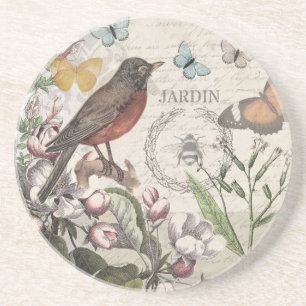 Dessous De Verre En Grès Robin Elegant Bird Butterfly French Art