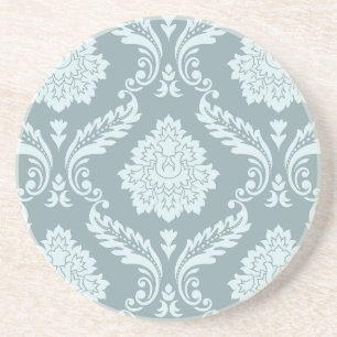 Dessous De Verre En Grès Rococo Damassé Grand Motif Bleu Canard+Turquoise