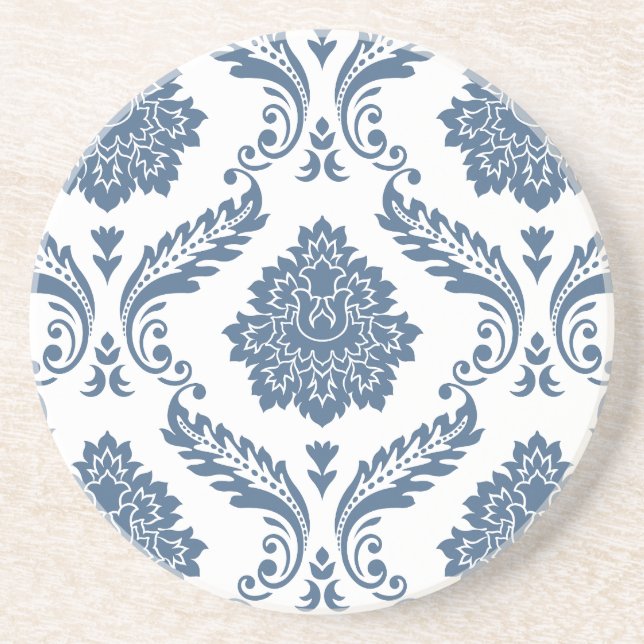 Dessous De Verre En Grès Rococo Damassé Grand Motif Bleu sur Blanc (Devant)