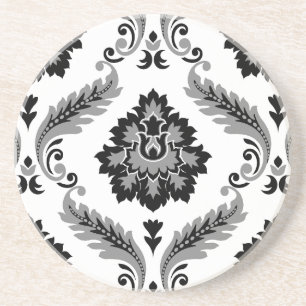 Dessous De Verre En Grès Rococo Damassé Grand Motif Gris Noir Blanc