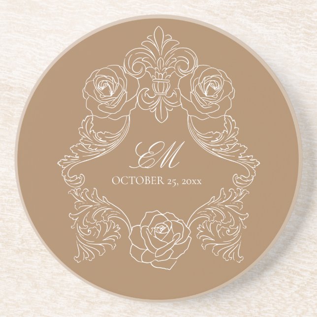Dessous De Verre En Grès Rococo Dusty Golden Brown Mariage Logo Crest (Devant)