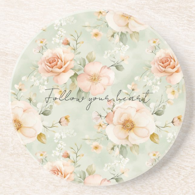 Dessous De Verre En Grès Romantic Peach Mint Roses Floral (Devant)