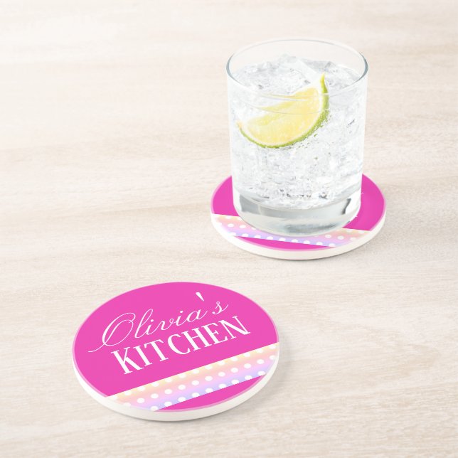 Dessous De Verre En Grès Rose Clair et Poka Dots (Côté)