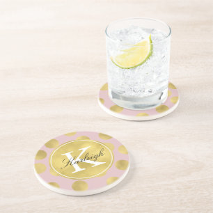 Dessous De Verre En Grès Rose et monogramme de points de tape-à-l'oeil d'or
