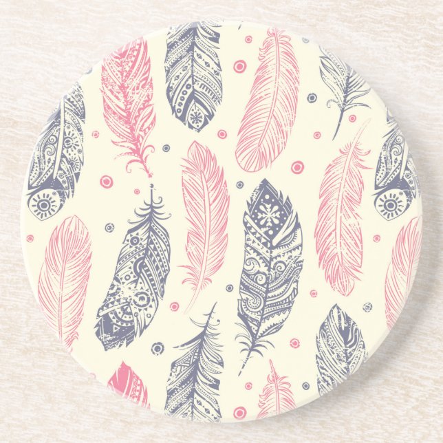 Dessous De Verre En Grès Rose et motif ethnique pourpre de plume (Devant)
