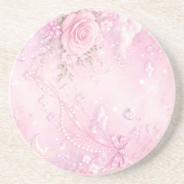 Dessous De Verre En Grès Rose Florale Rose Rêveuse Perles Rubans Paillettes (Devant)