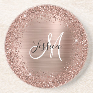 Dessous De Verre En Grès Rose Gold Pailleté et Monogramme Féminin Brillants