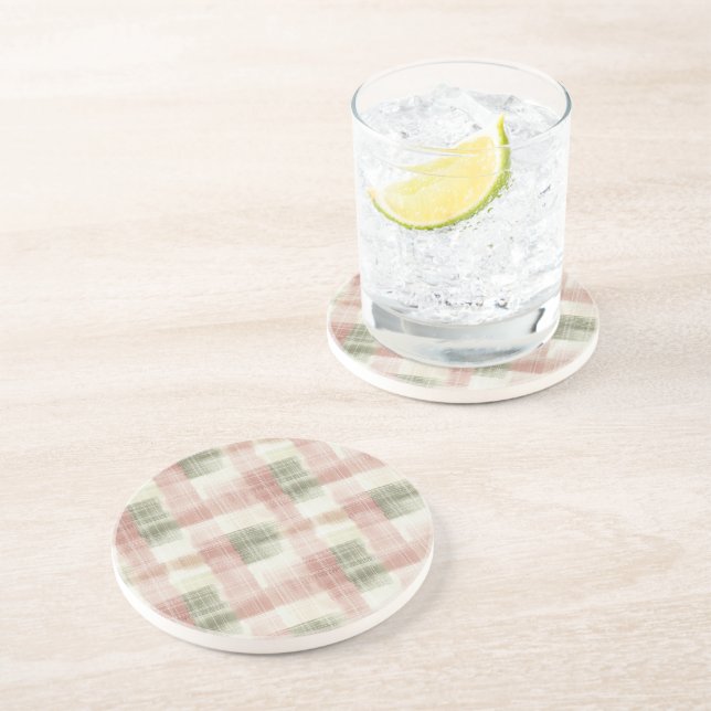 Dessous De Verre En Grès Rose Menthe Clair Carreaux Rayures Élégantes  (Côté)