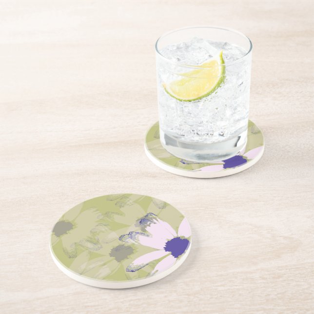 Dessous De Verre En Grès Rose Olive Green Daisy Art Floral (Côté)