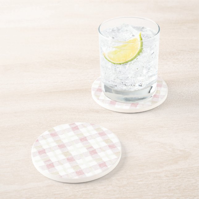 Dessous De Verre En Grès Rose Pâle Blanc Crème Carreaux Rayures (Côté)