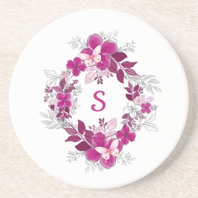 Dessous de verre en grès rose papillon floral (Devant)
