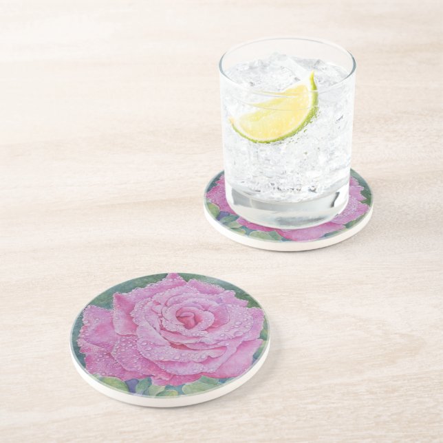 Dessous De Verre En Grès Rose rose avec gouttes de pluie  (Côté)
