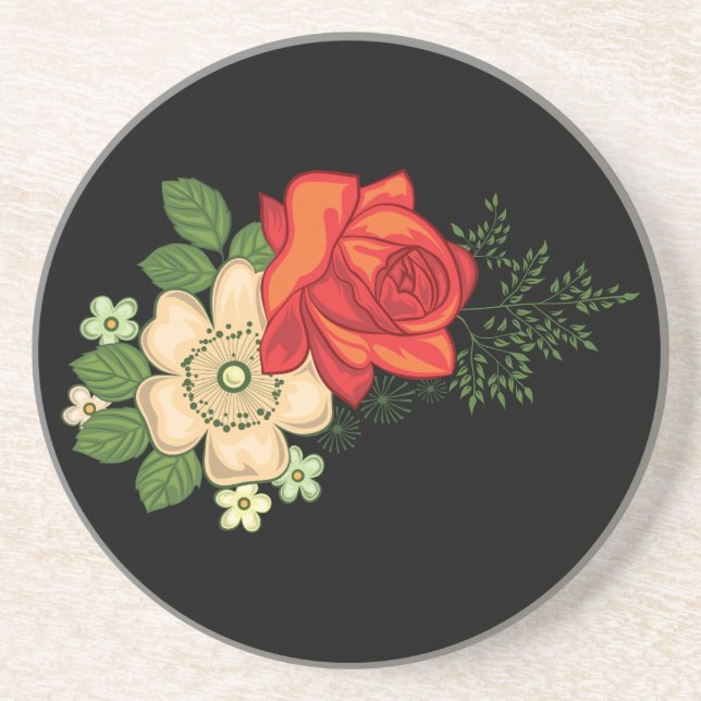 Dessous De Verre En Grès Rose rouge et marguerites sur fond noir (Devant)