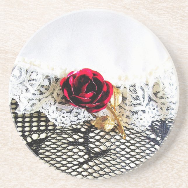 Dessous De Verre En Grès Rose rouge romantique et dentelle blanche (Devant)
