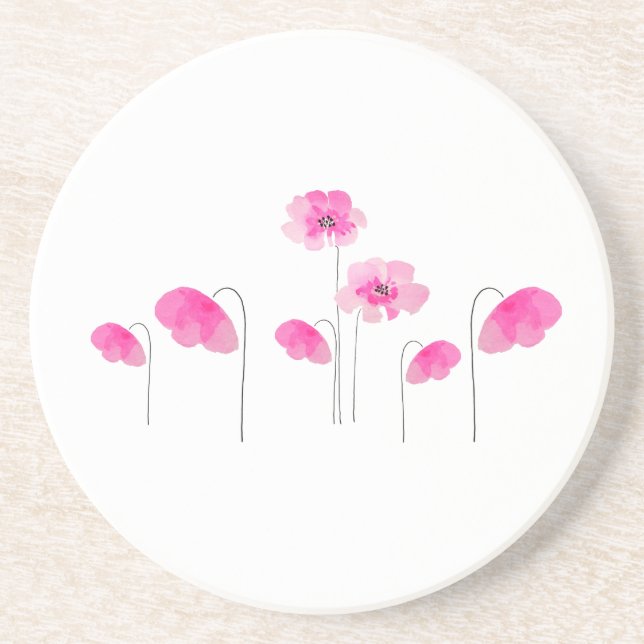 Dessous De Verre En Grès Rose Simple Aquarelle Bouquet Fleurs Rose Blanc (Devant)