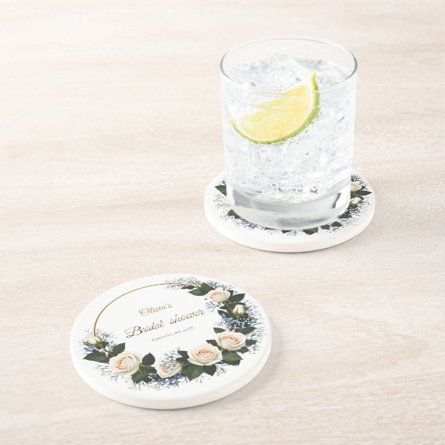 Dessous De Verre En Grès Roses blanches et baby’s breath bleu  (Côté)